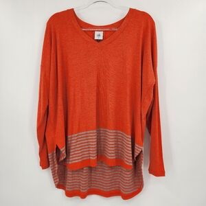Cabi Hangout Tee Womens Size Medium Long Sleeve V Neck Orange Gray Striped Tunic